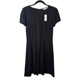 NWT LOFT Black Dress Studded Fit & Flare Short Sleeve Knit Jersey Career Party 4